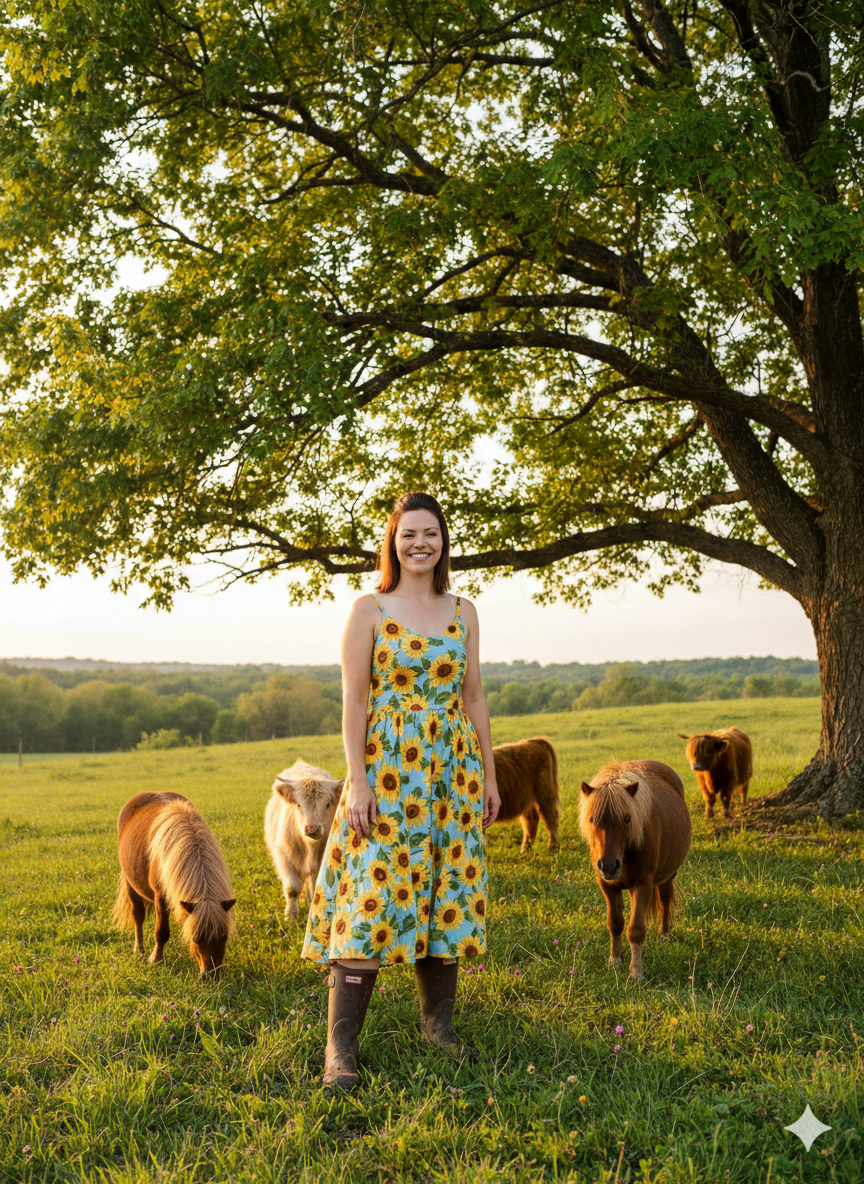 Ashley K, bookkeeper, standing in a sunny field with mini cows and a mini horse