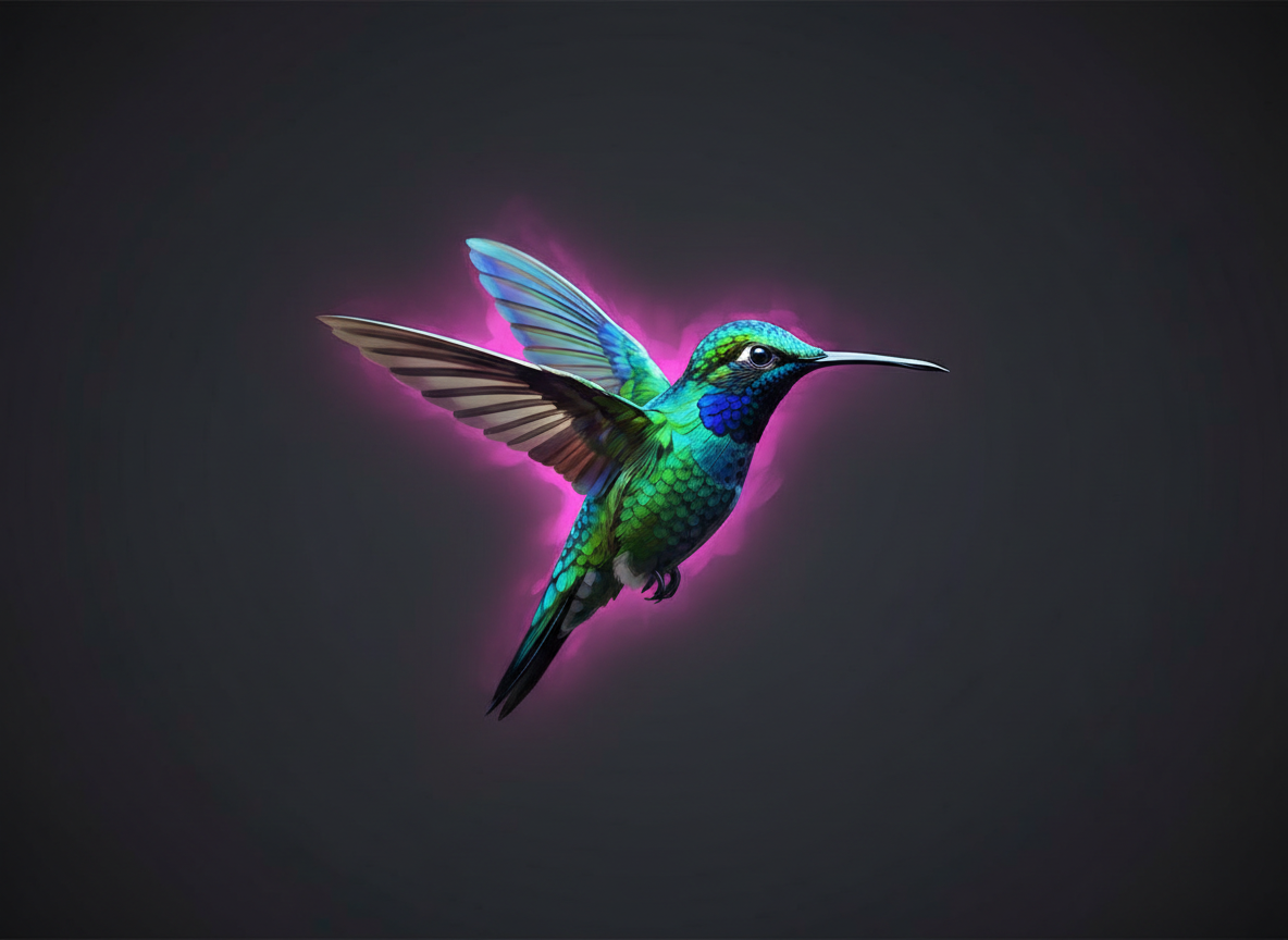 A hummingbird in flight against a deep charcoal background with magenta and purple accents