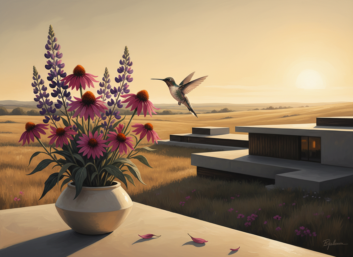 A hummingbird hovering near magenta and purple wildflowers over an Oklahoma prairie at golden hour